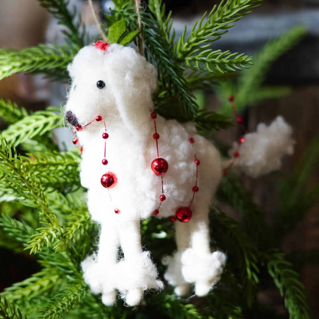 Felt White Poodle Ornament with Holly Hat and Red Bead Garland
