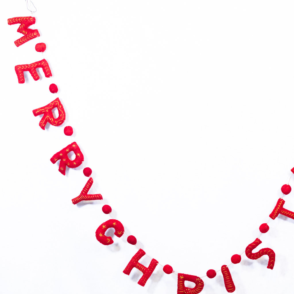Wool Felt "Merry Christmas" Garland with Pom Poms