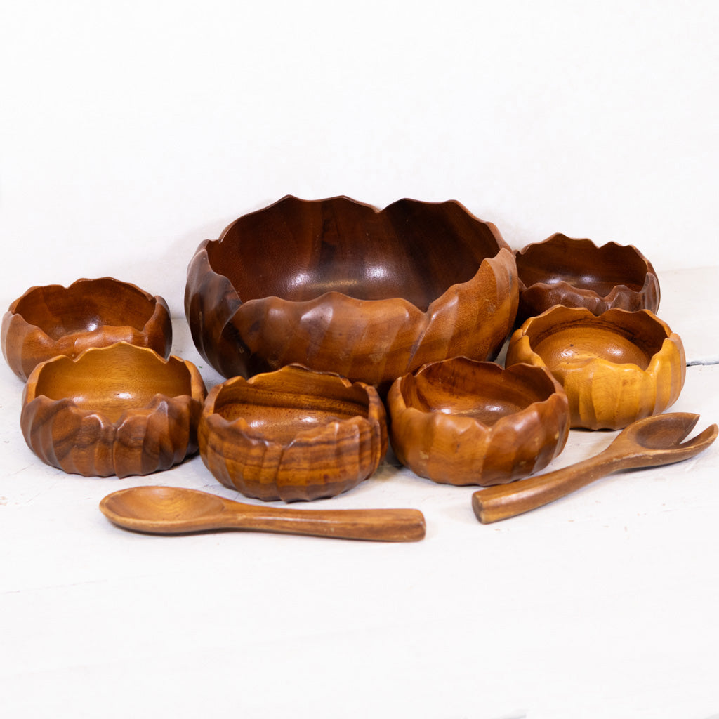 Vintage Teak Wood Nine Piece Salad Bowl Set