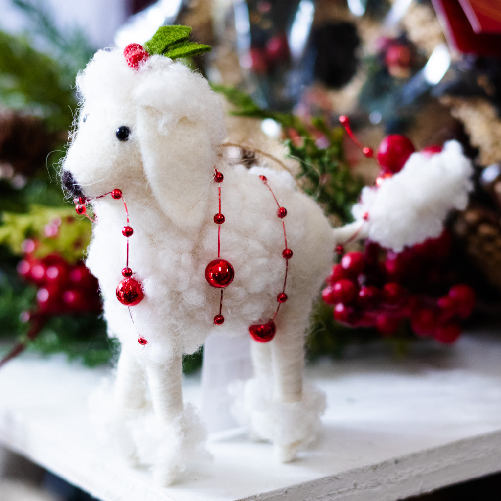 Felt White Poodle Ornament with Holly Hat and Red Bead Garland