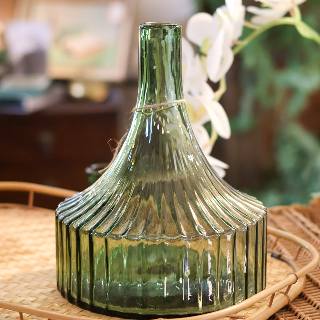 Transparent Green Glass Vertical Ribbed Vase