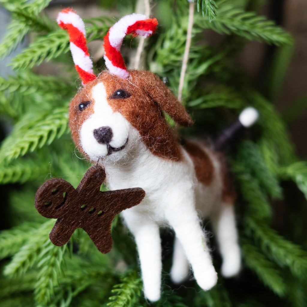 Felt Beagle with Candy Cane Antlers and Cookie Ornament