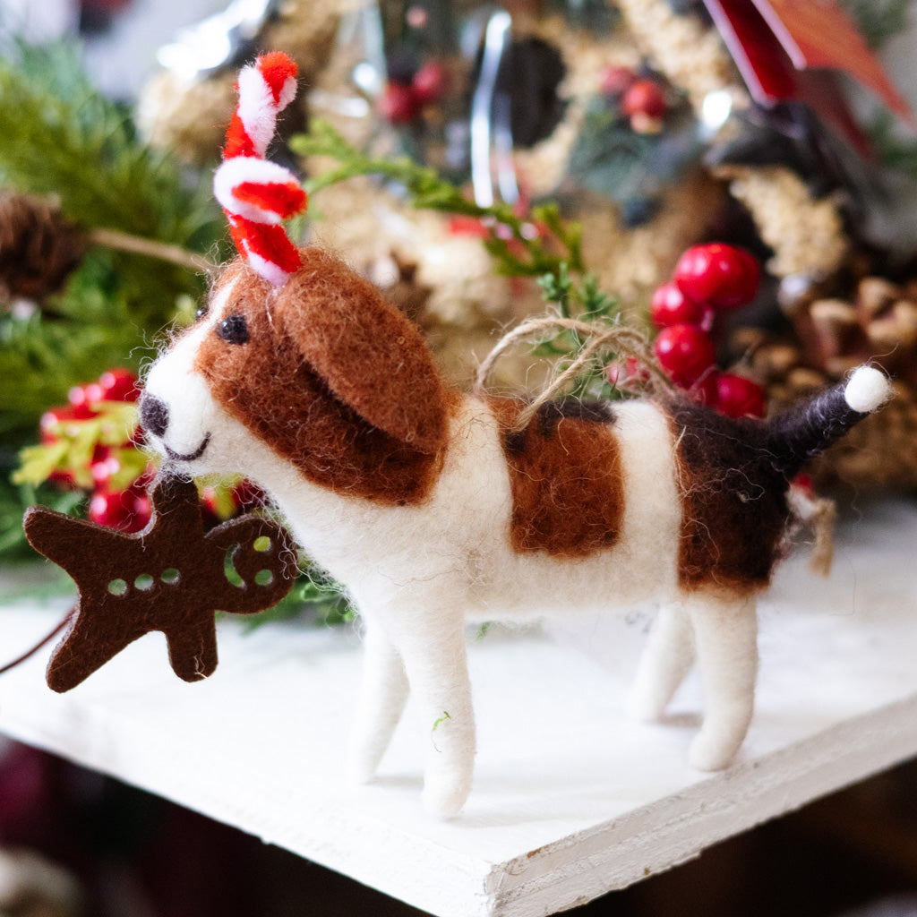 Felt Beagle with Candy Cane Antlers and Cookie Ornament