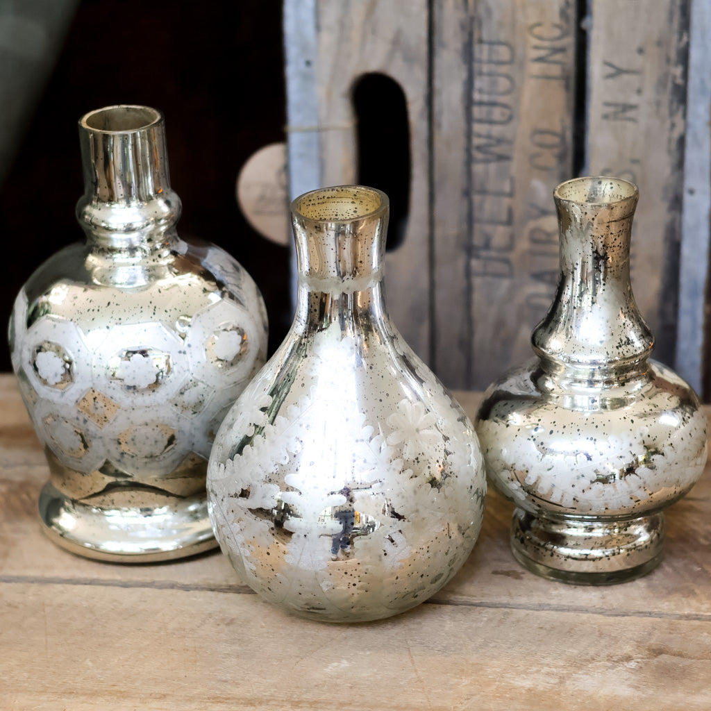 Silver Mercury Glass Etched Bud Vase Medium