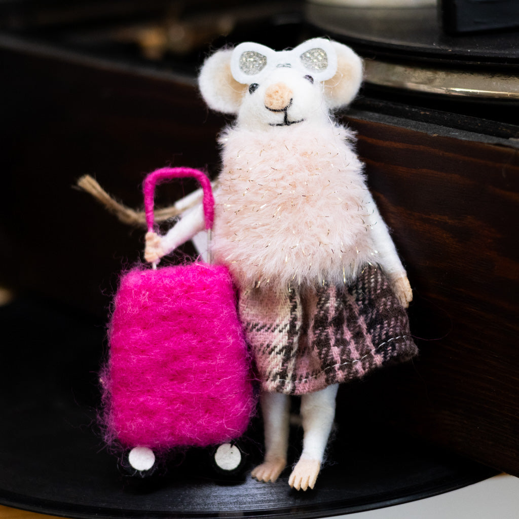 Felt "Travelling" Mouse with Sunglasses and Fur Coat Holding a Suitcase Ornament