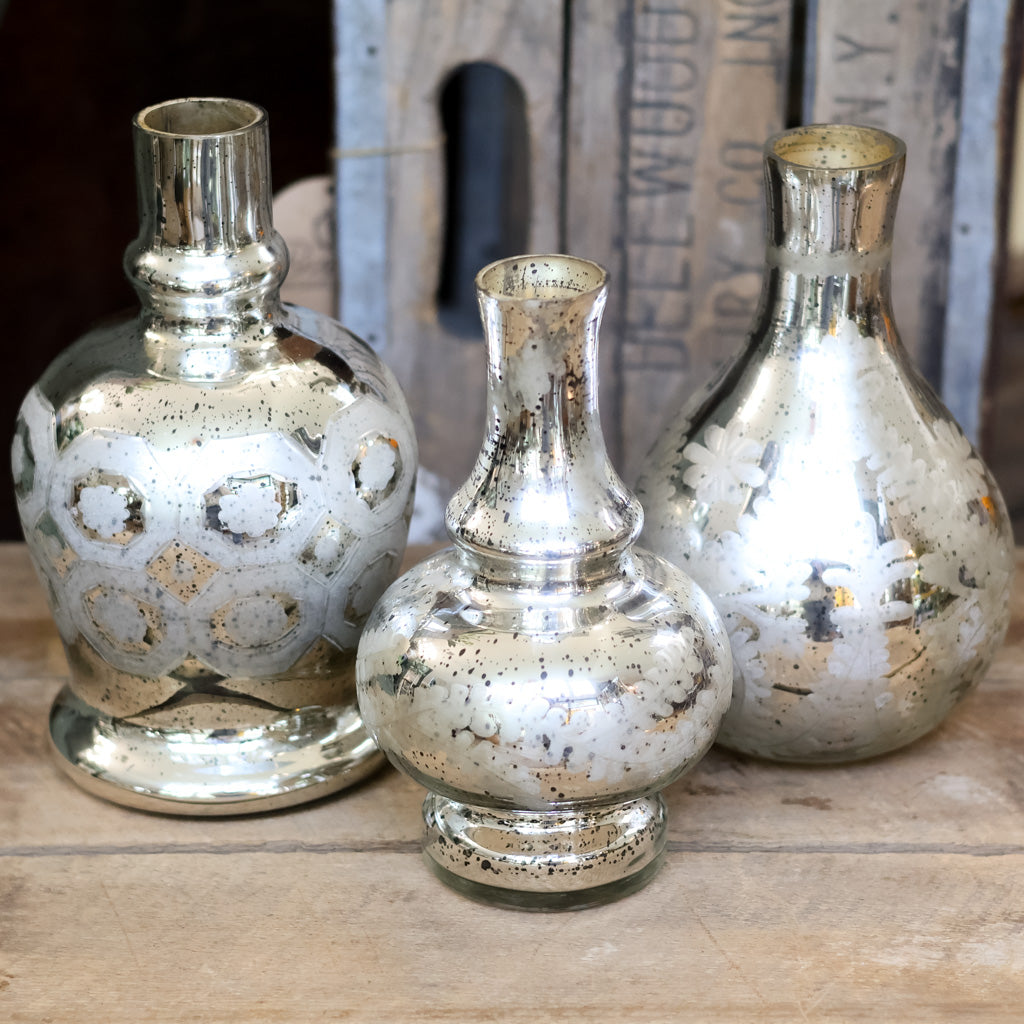 Silver Mercury Glass Etched Bud Vase Short