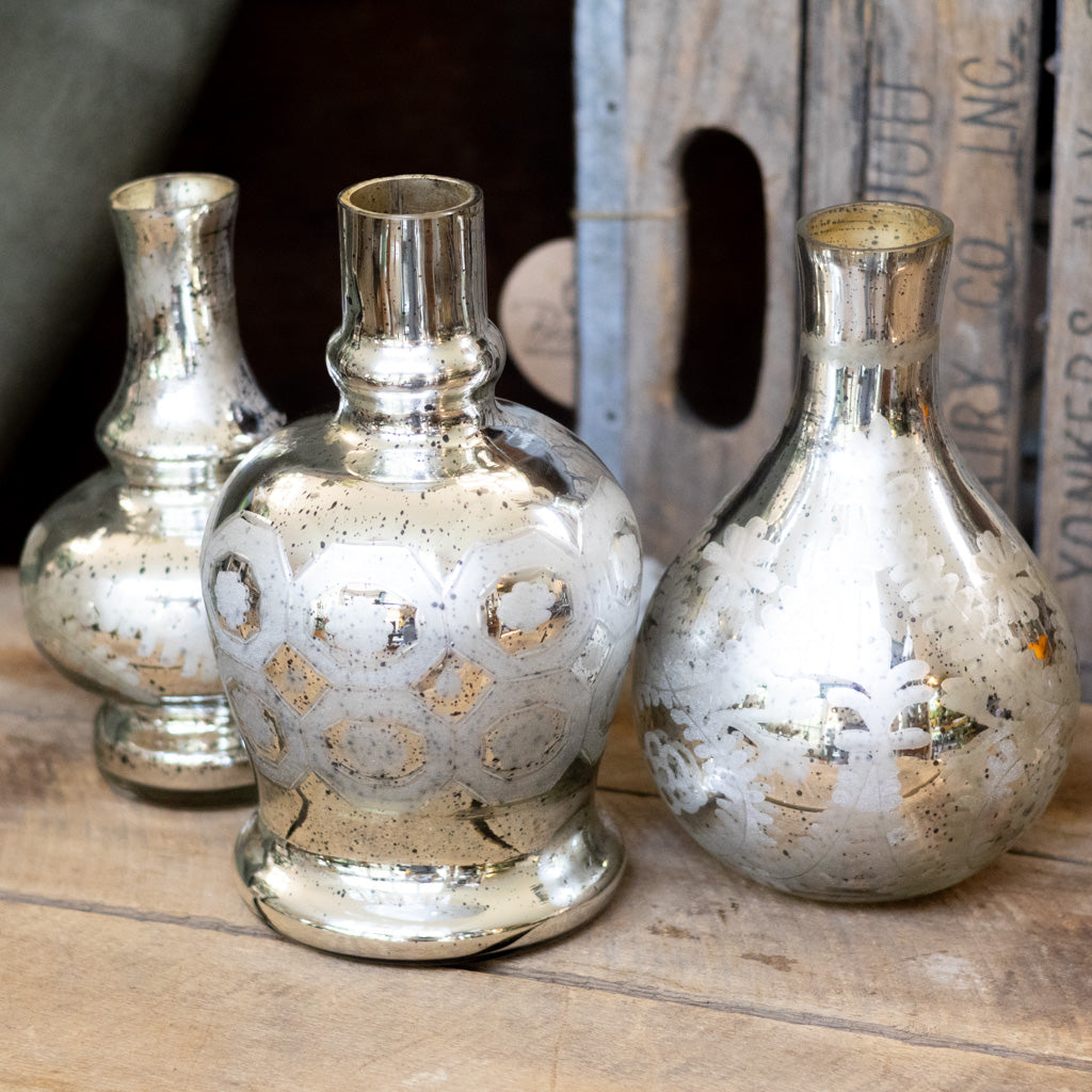 Silver Mercury Glass Etched Bud Vase Tall