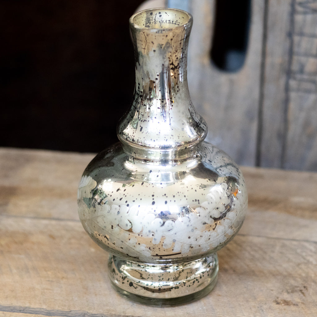 Silver Mercury Glass Etched Bud Vase Short