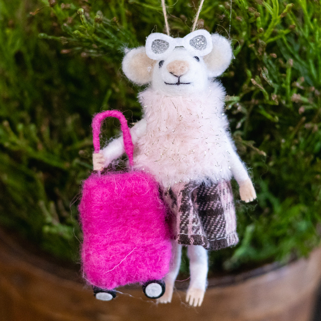 Felt "Travelling" Mouse with Sunglasses and Fur Coat Holding a Suitcase Ornament