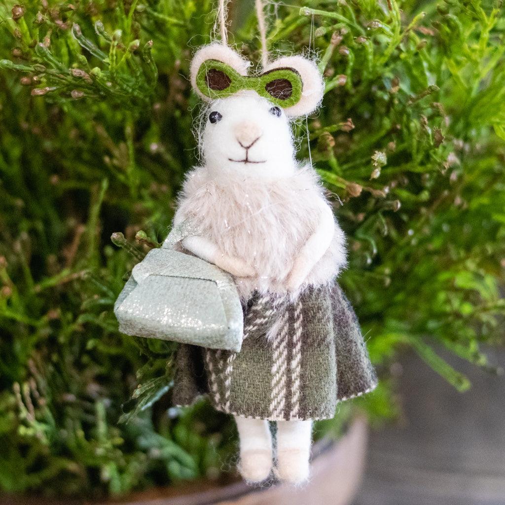 Felt "Movie Star" Mouse with Sunglasses, Fur Coat, Green Skirt and Bag Ornament