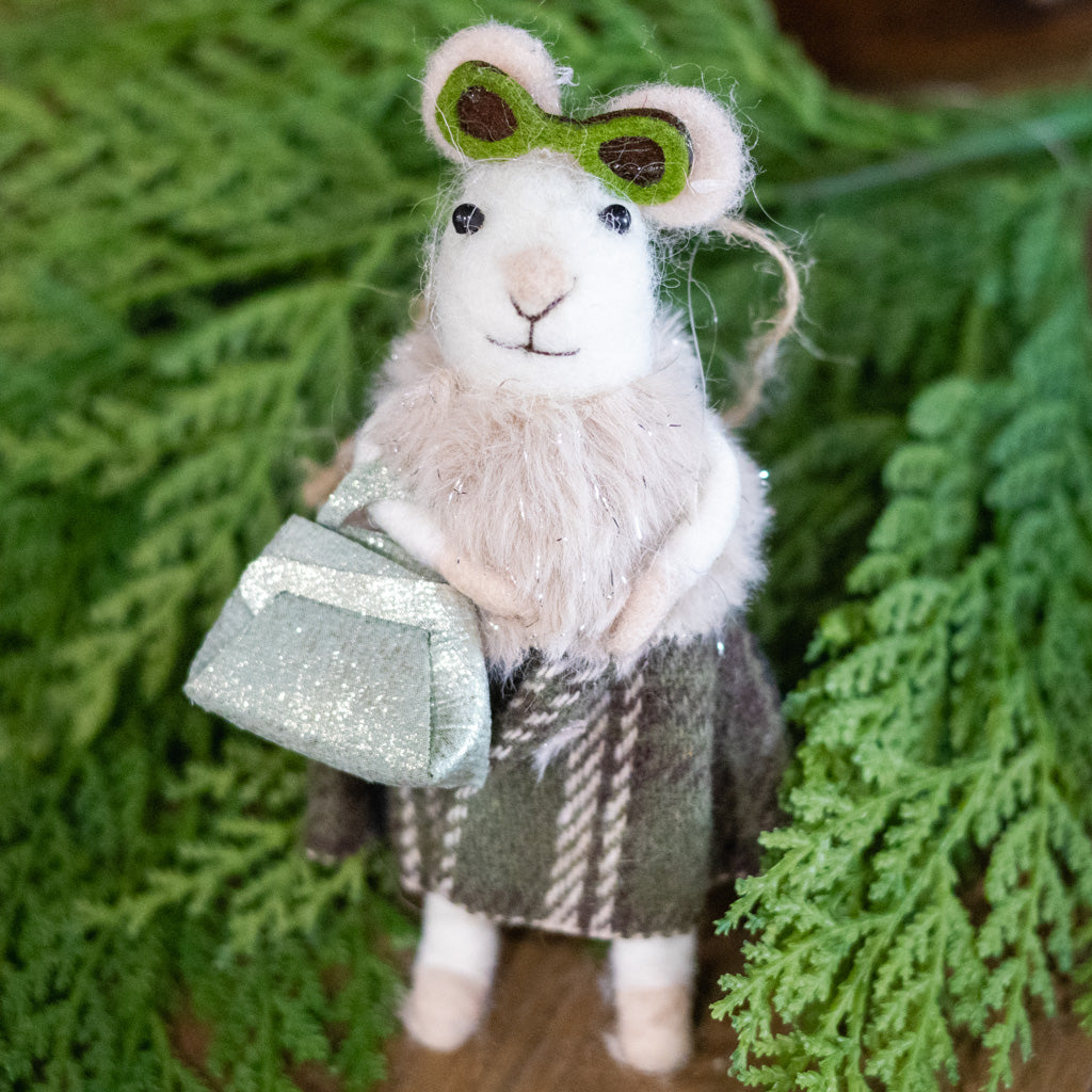 Felt "Movie Star" Mouse with Sunglasses, Fur Coat, Green Skirt and Bag Ornament