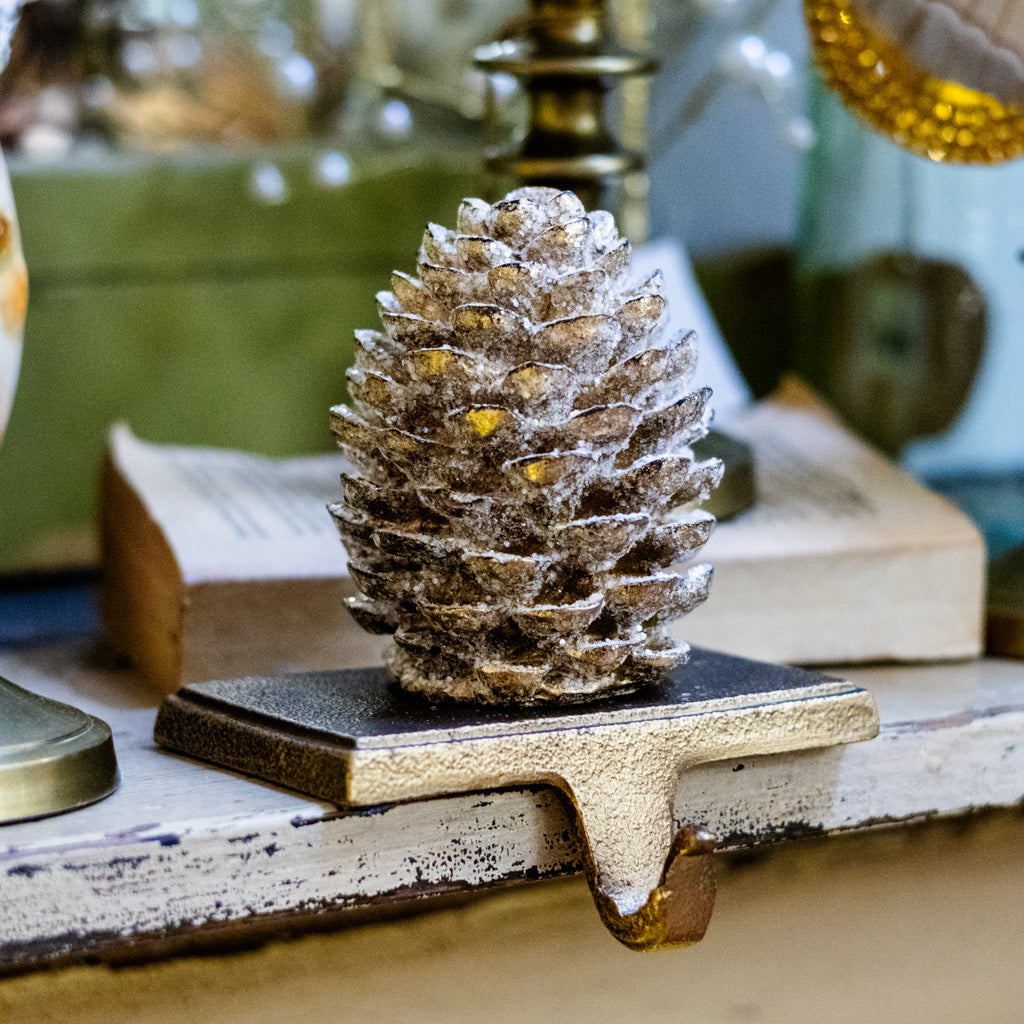 Bronze Glittered Pinecone Stocking Holder