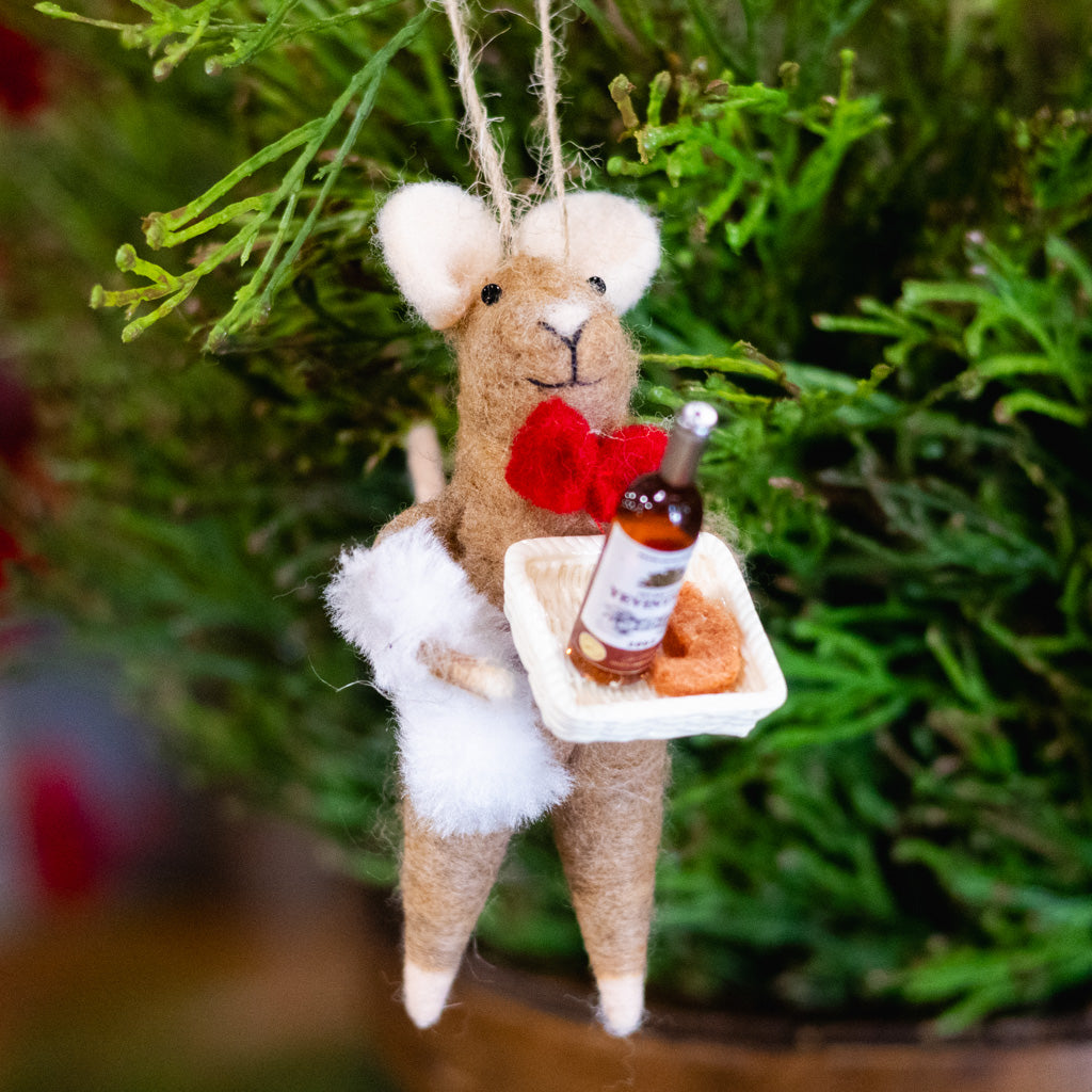 Felt Waiter Mouse with Red Bowtie Holding Wine Tray