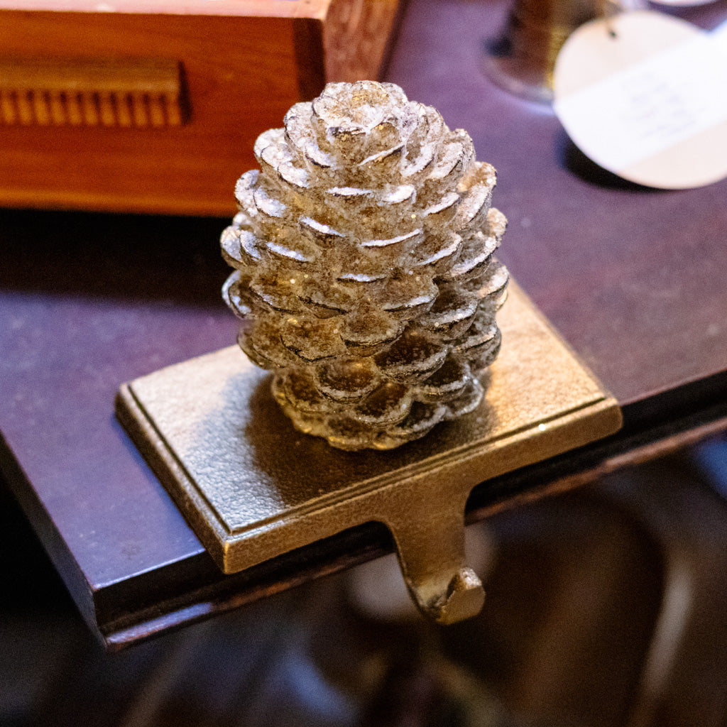 Bronze Glittered Pinecone Stocking Holder