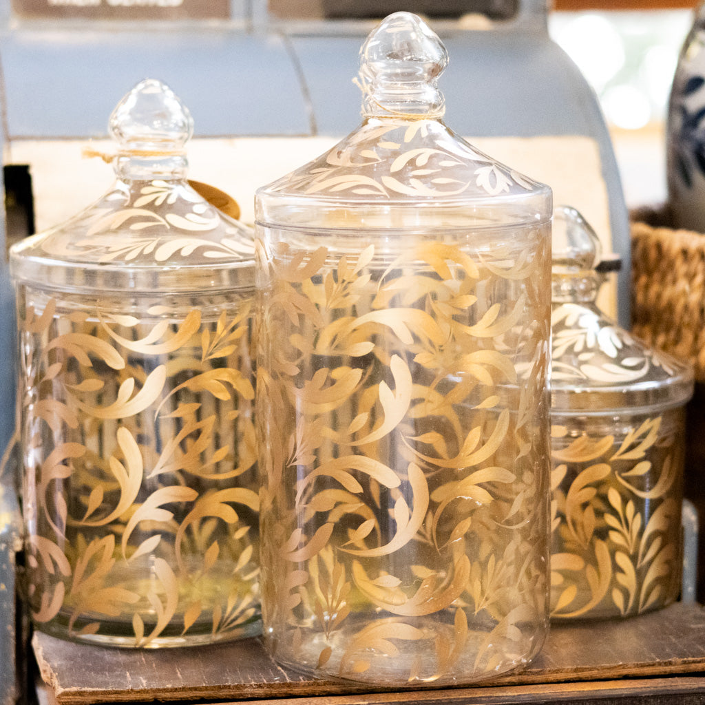 Glass Gold Leaf Pattern Container with Lid Tall