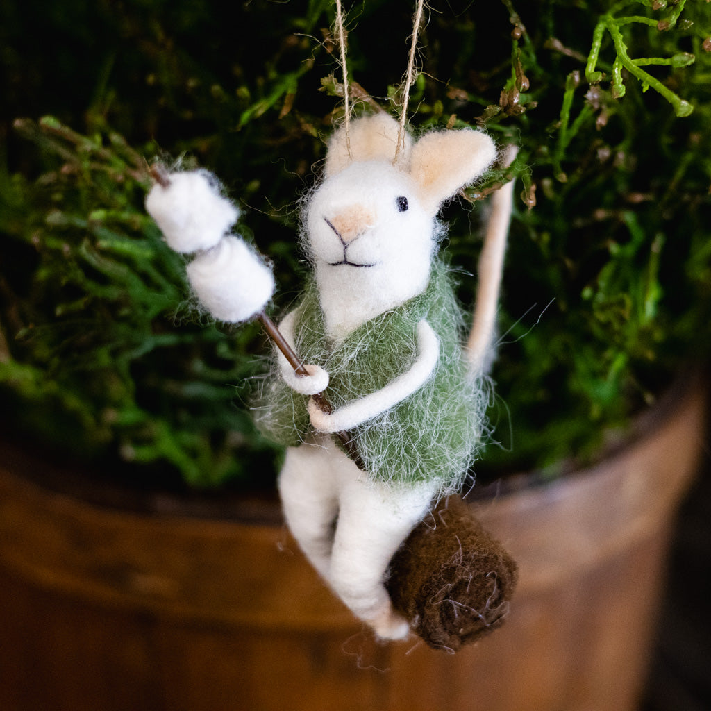 Felt Mouse in Green Vest Roasting Marshmallows Ornament