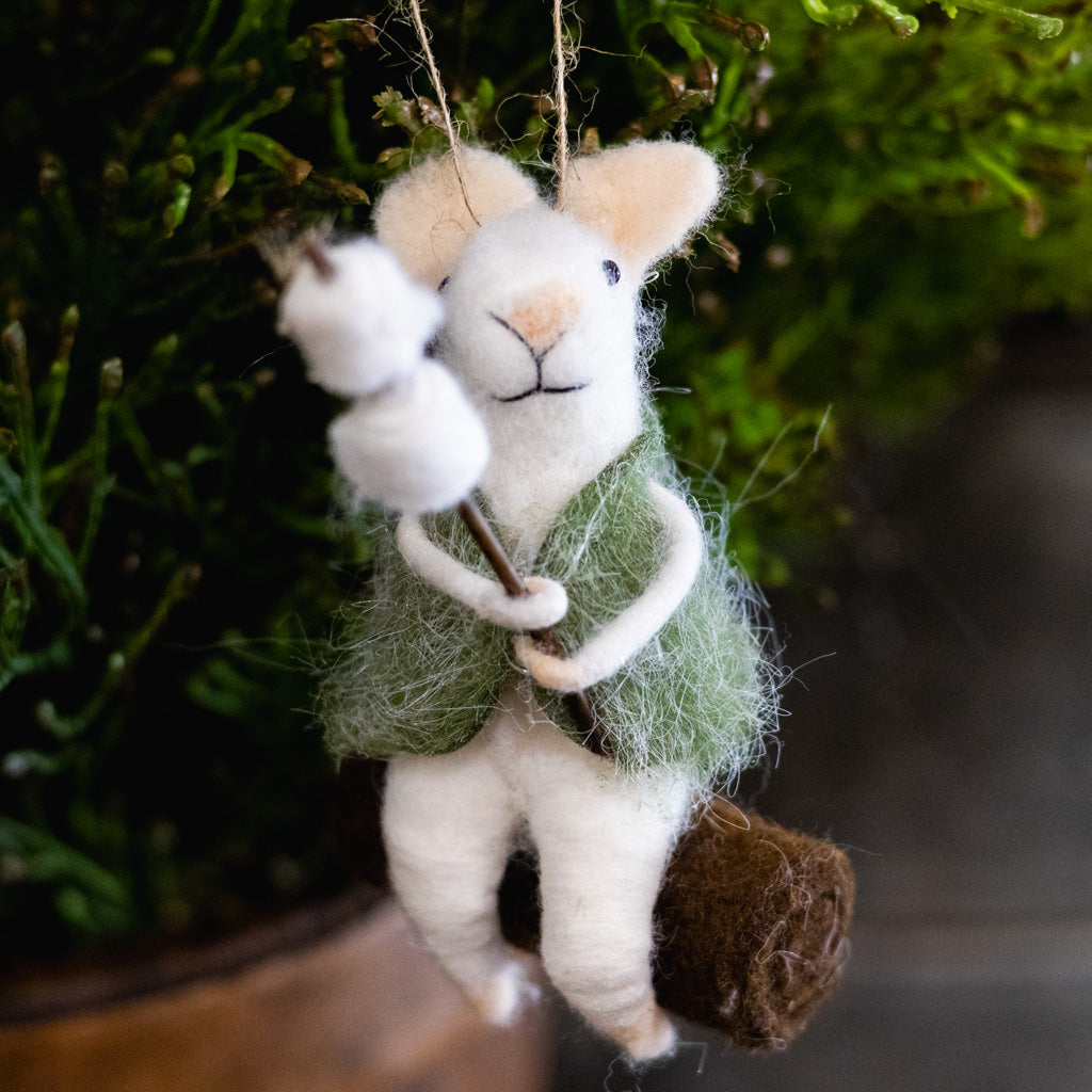 Felt Mouse in Green Vest Roasting Marshmallows Ornament