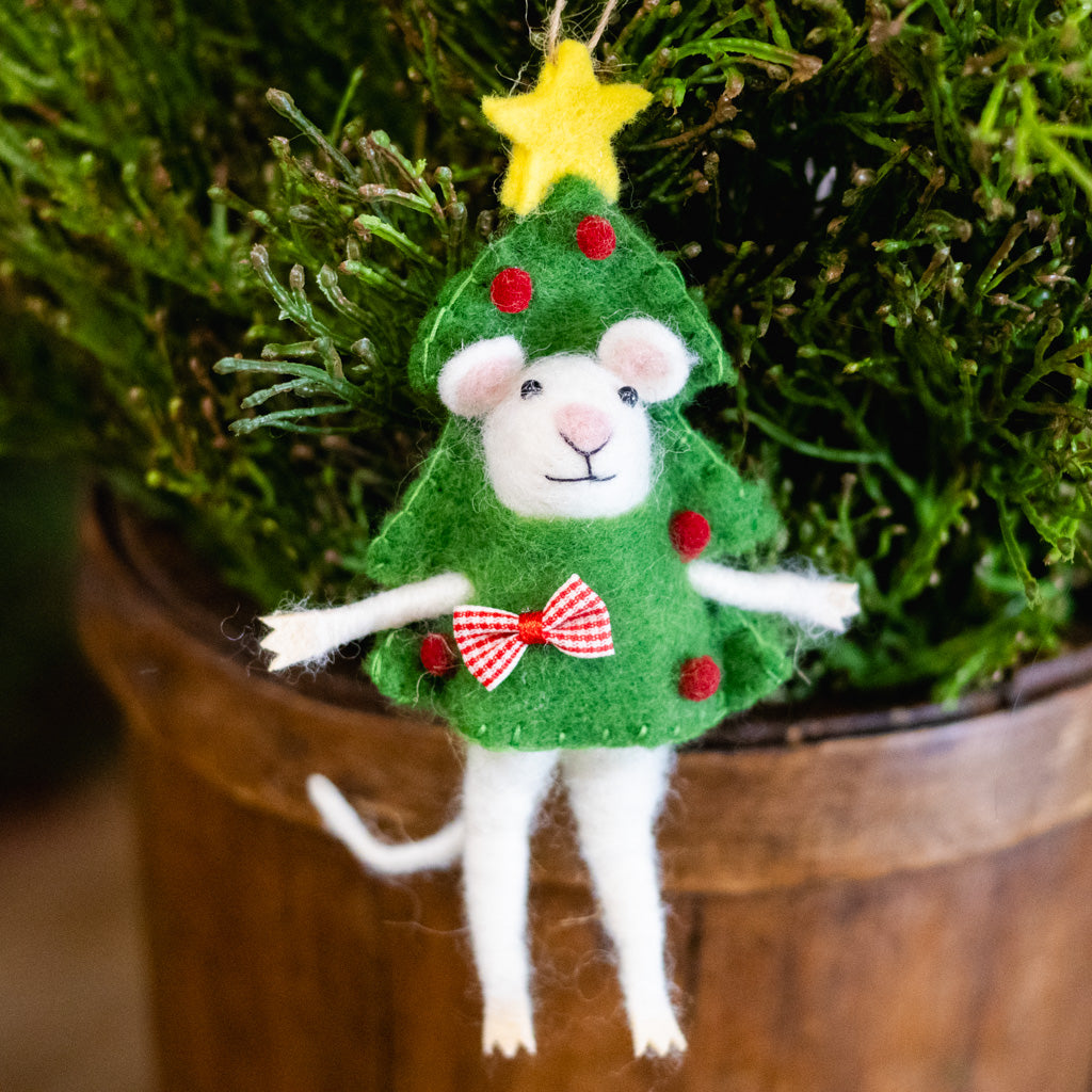 Felt Mouse Dressed as A Christmas Ttee Ornament
