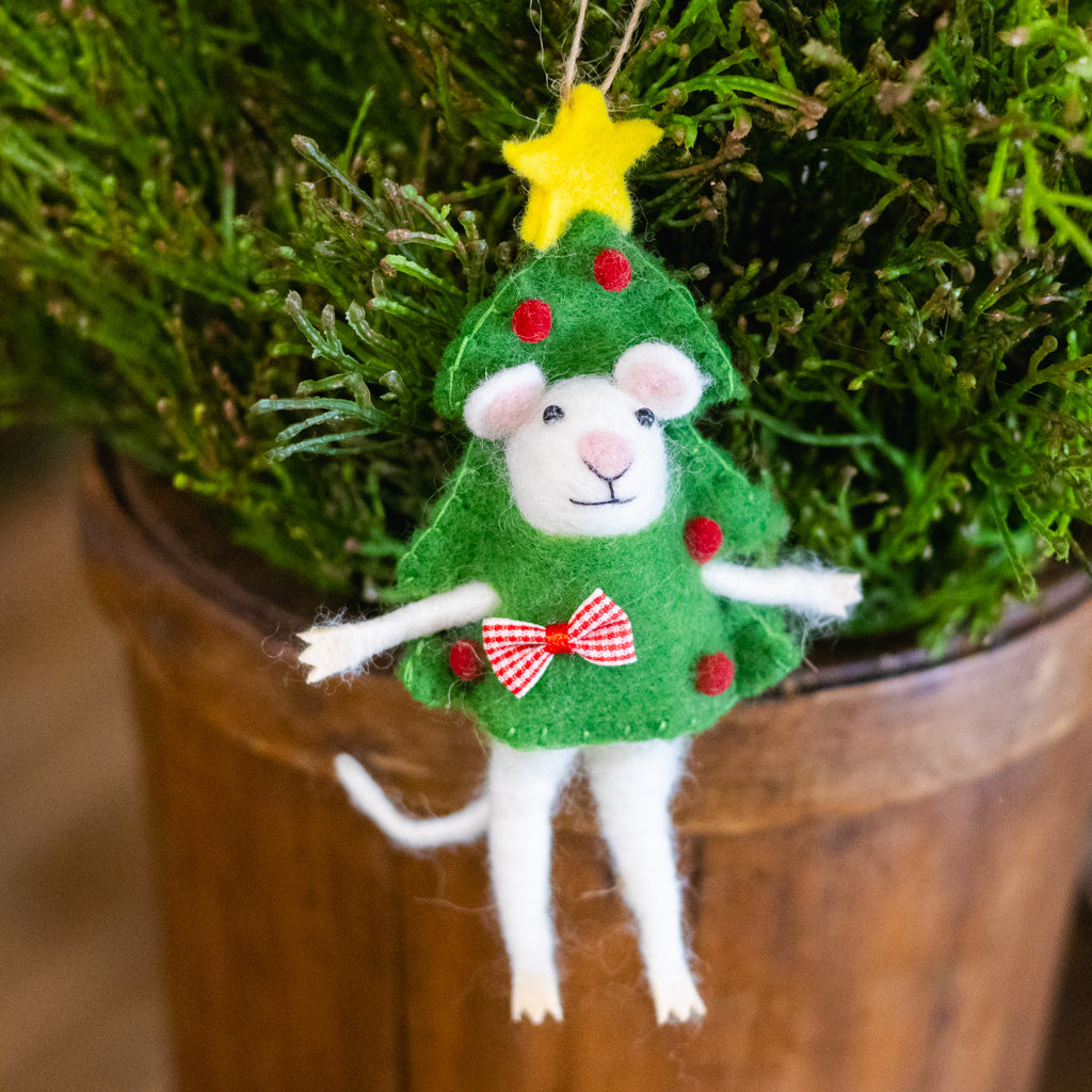 Felt Mouse Dressed as A Christmas Ttee Ornament