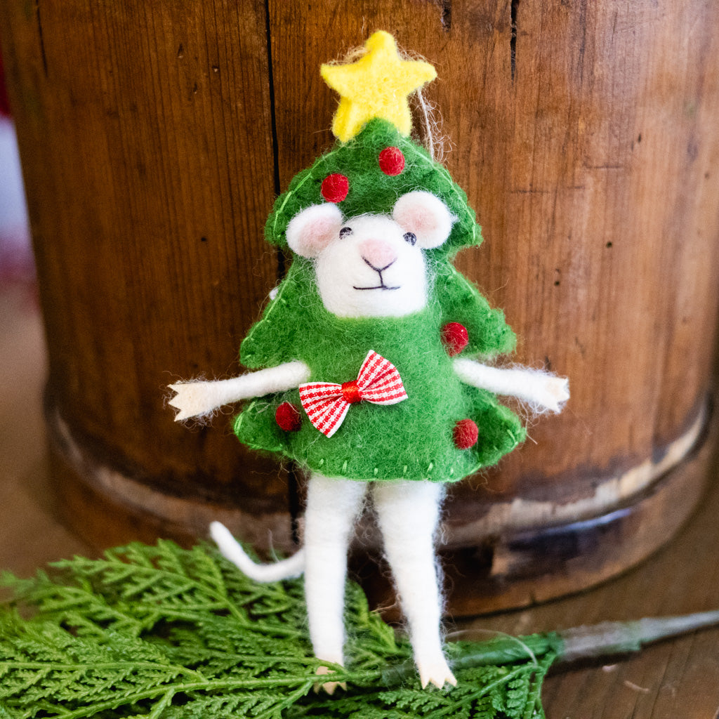Felt Mouse Dressed as A Christmas Ttee Ornament