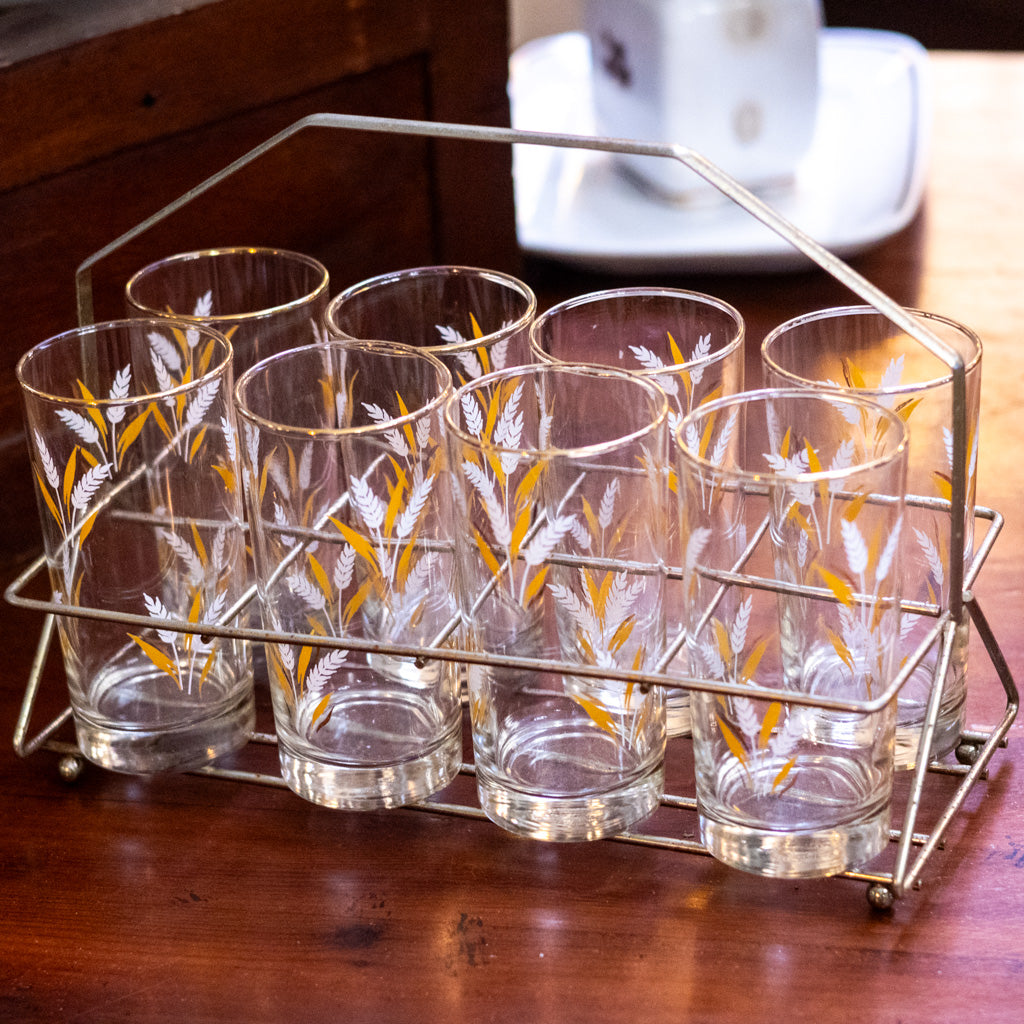 Vintage Set of 8 Libbey Golden Wheat Glasses with Caddy