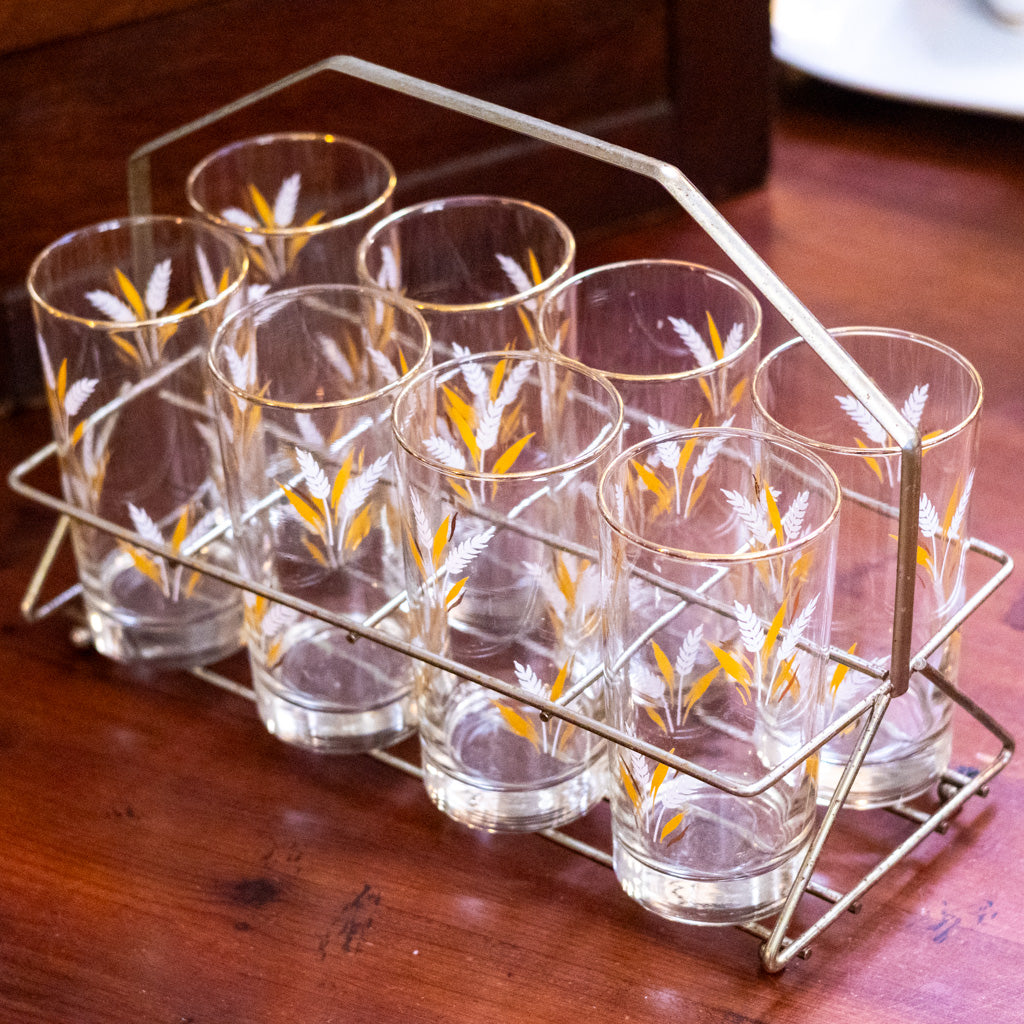 Vintage Set of 8 Libbey Golden Wheat Glasses with Caddy