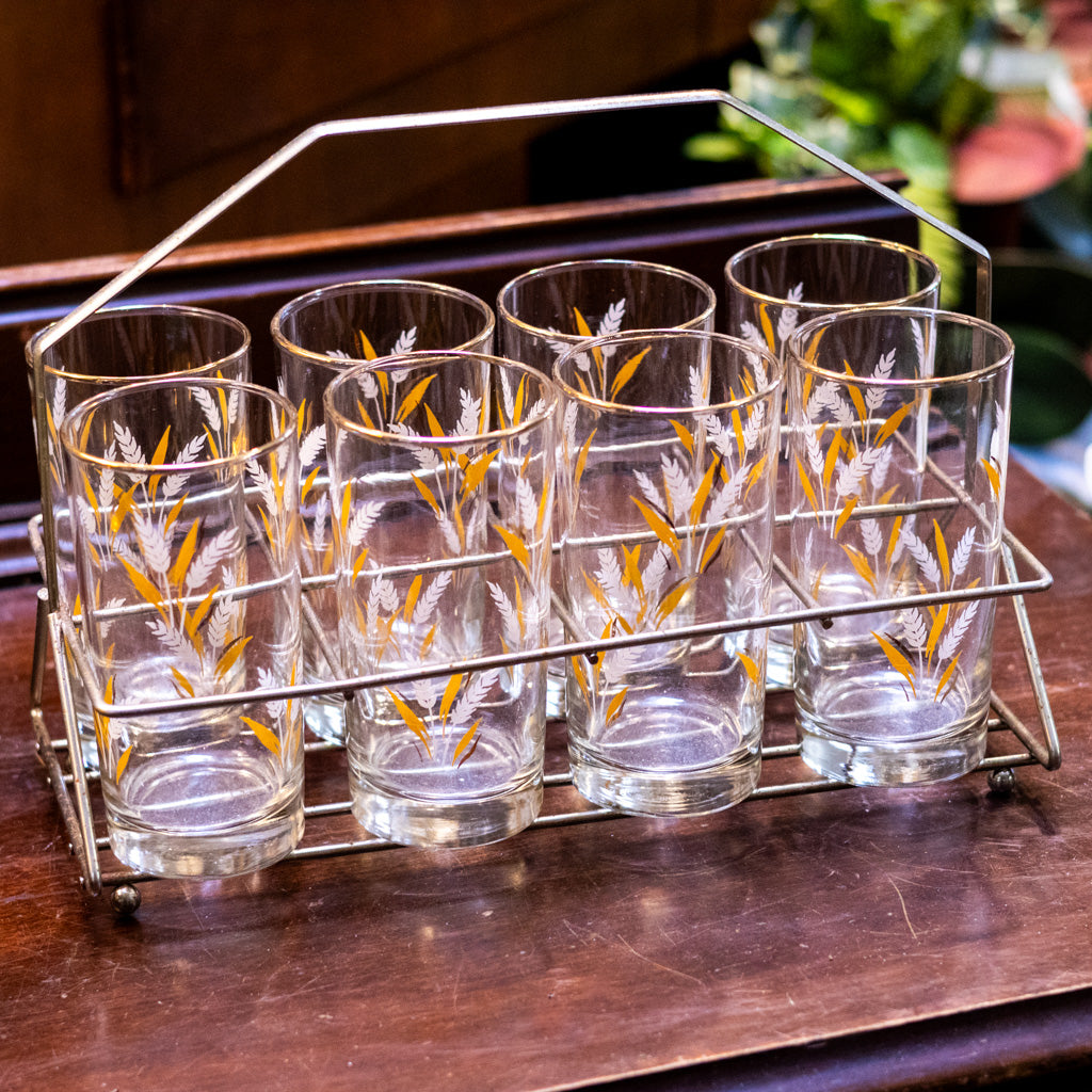 Vintage Set of 8 Libbey Golden Wheat Glasses with Caddy