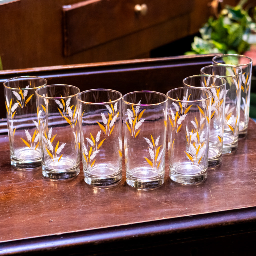 Vintage Set of 8 Libbey Golden Wheat Glasses with Caddy
