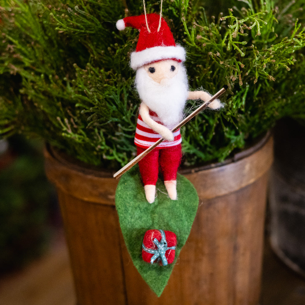 Felt Santa on Leaf Stand Up Paddle Board Ornament