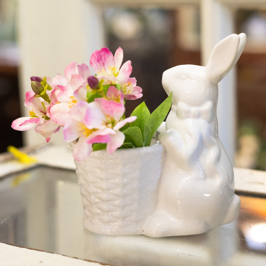 White Ceramic Bunny Holding Basket