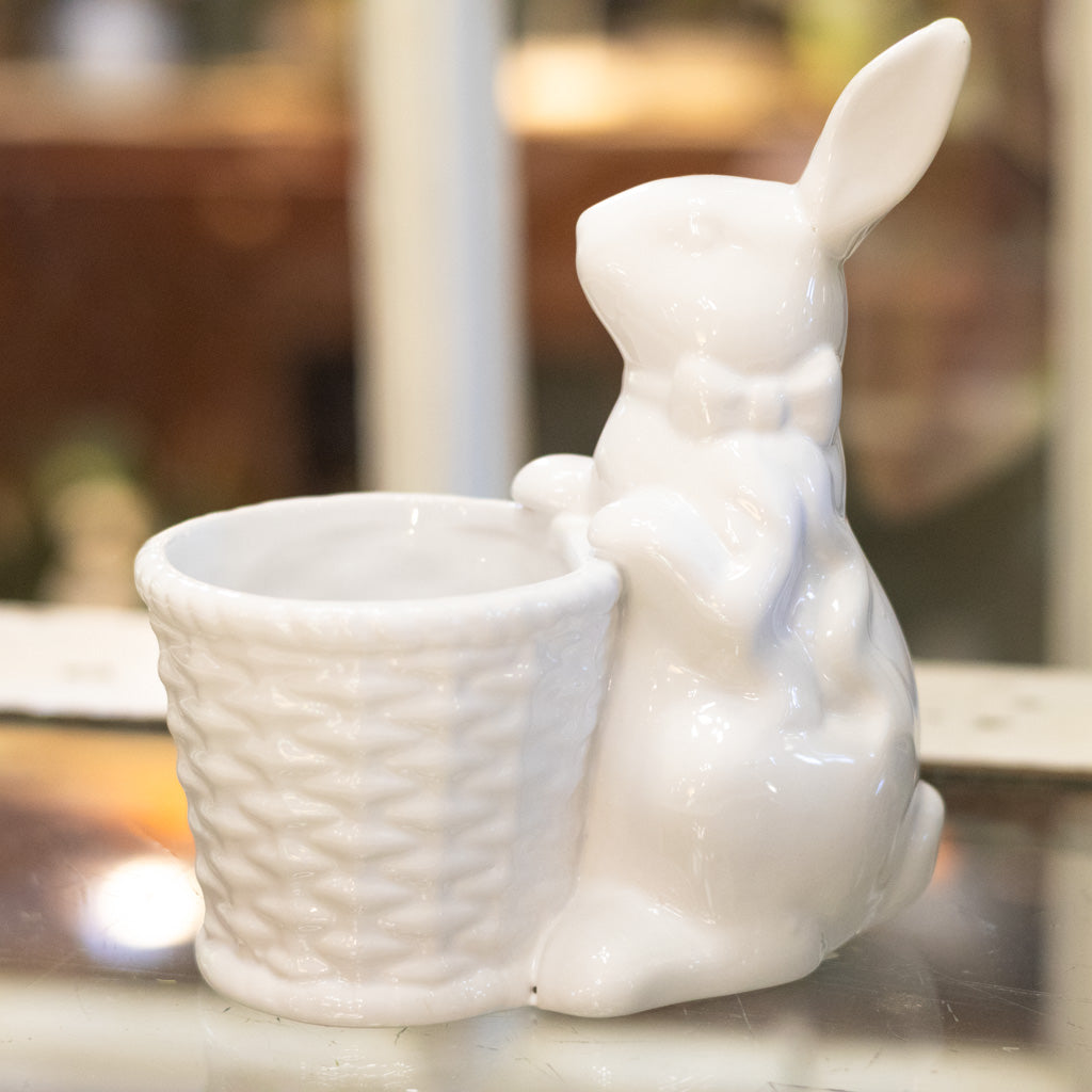 White Ceramic Bunny Holding Basket