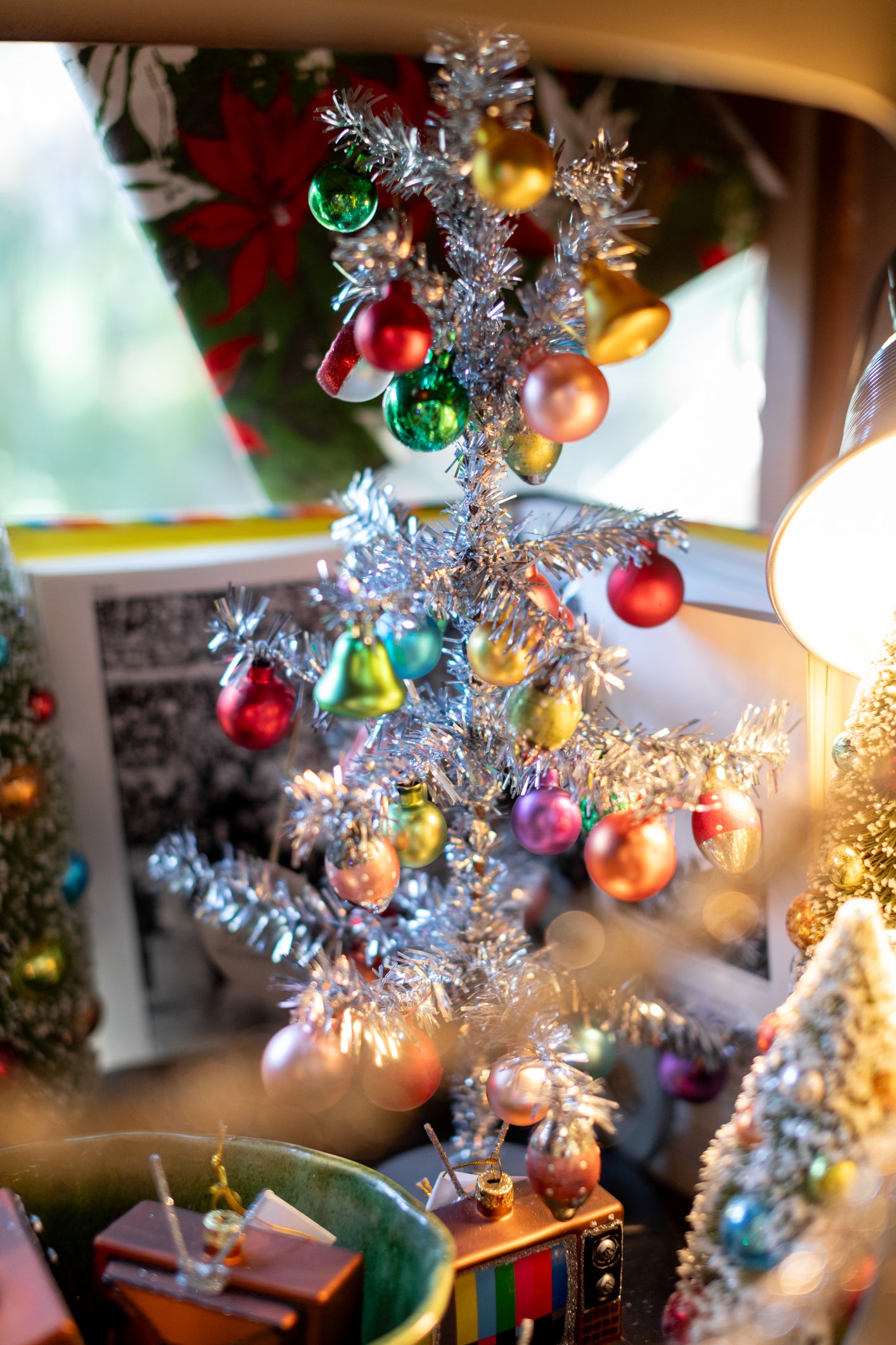 Silver Vintage Tinsel Tree with Ornaments