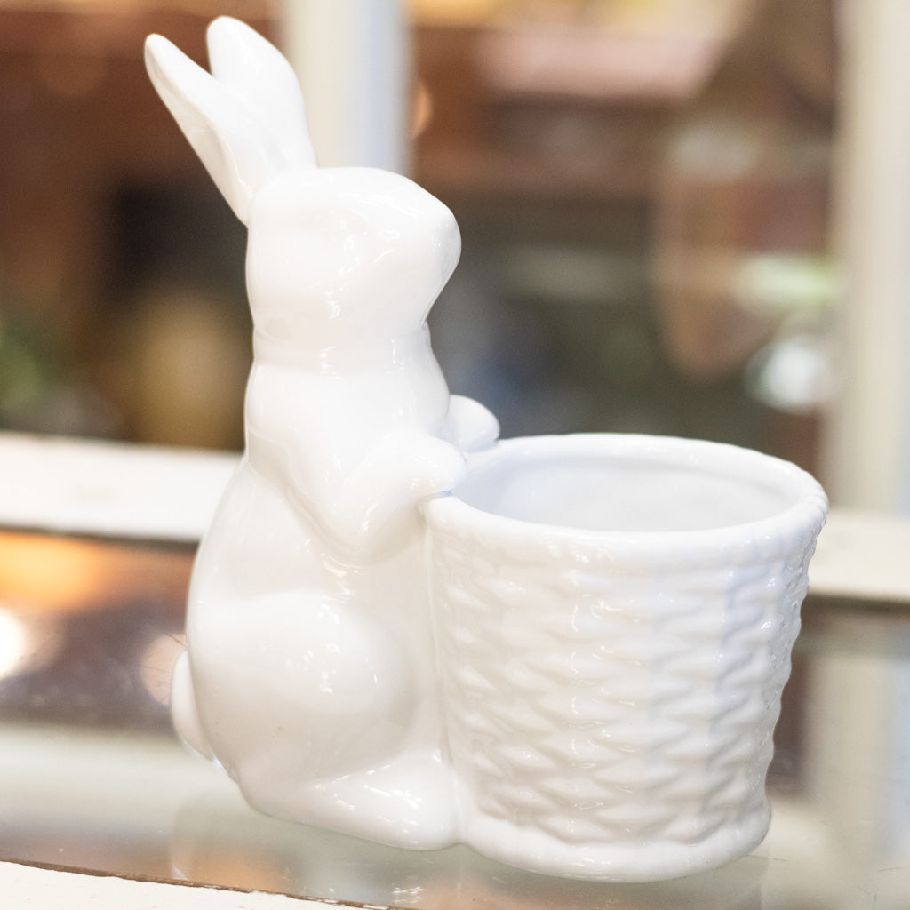 White Ceramic Bunny Holding Basket