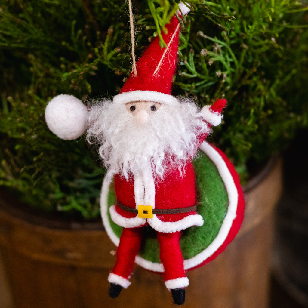 Felt Santa with Snowball on Inner Tube Sled Onament