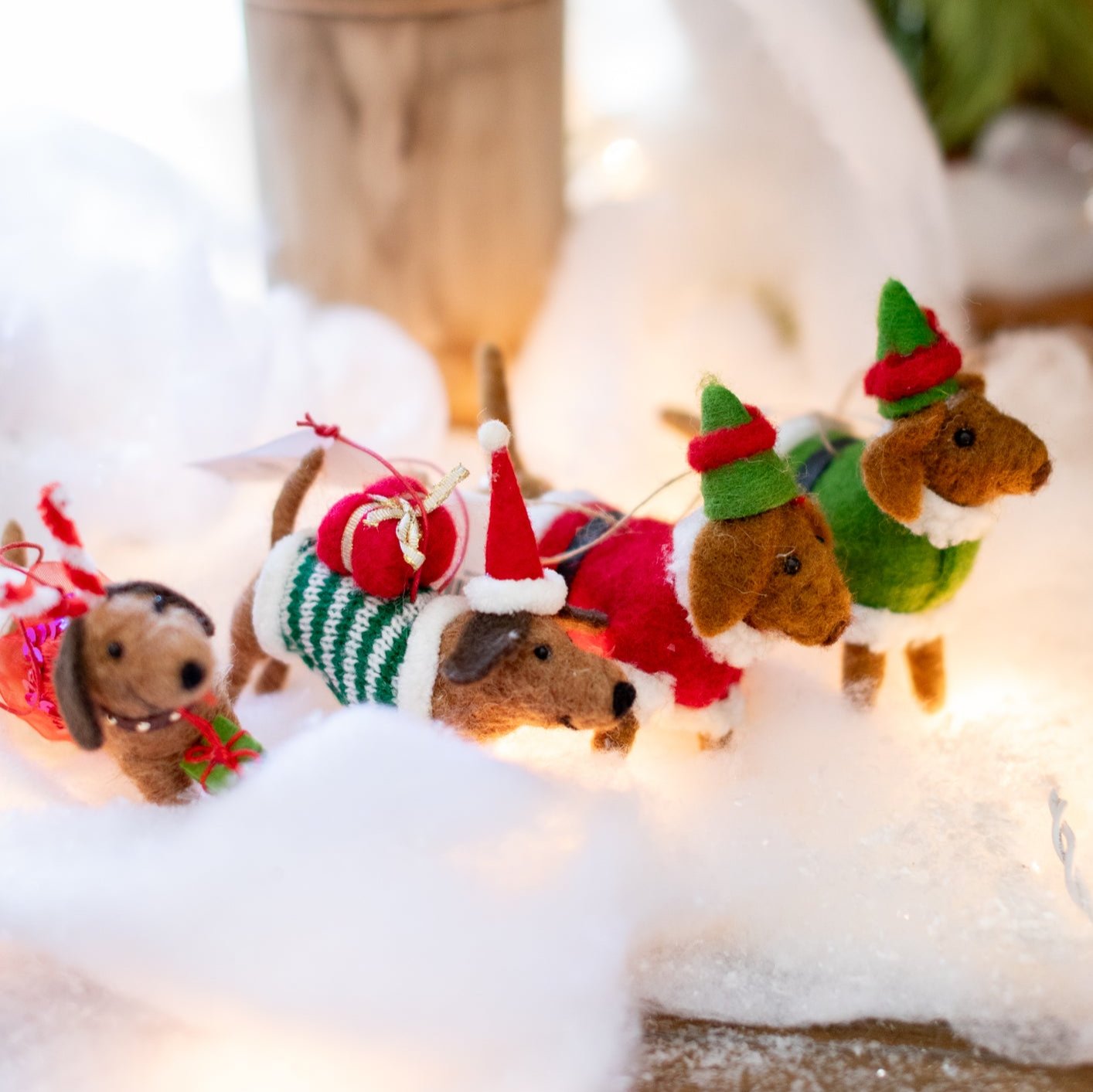 Felt Brown Dachshund with Sweater and Presents Ornament