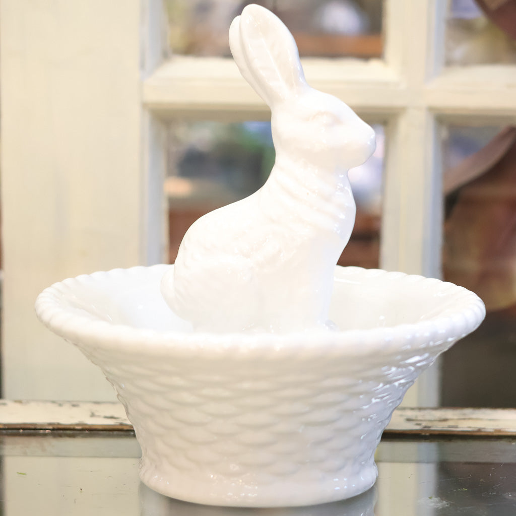 White Dolomite Bunny in Basket Bowl