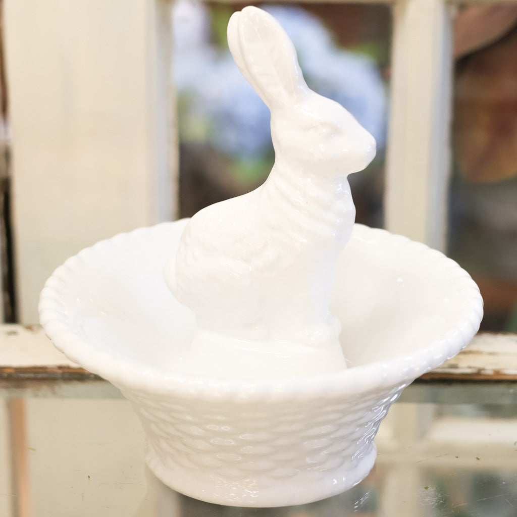 White Dolomite Bunny in Basket Bowl