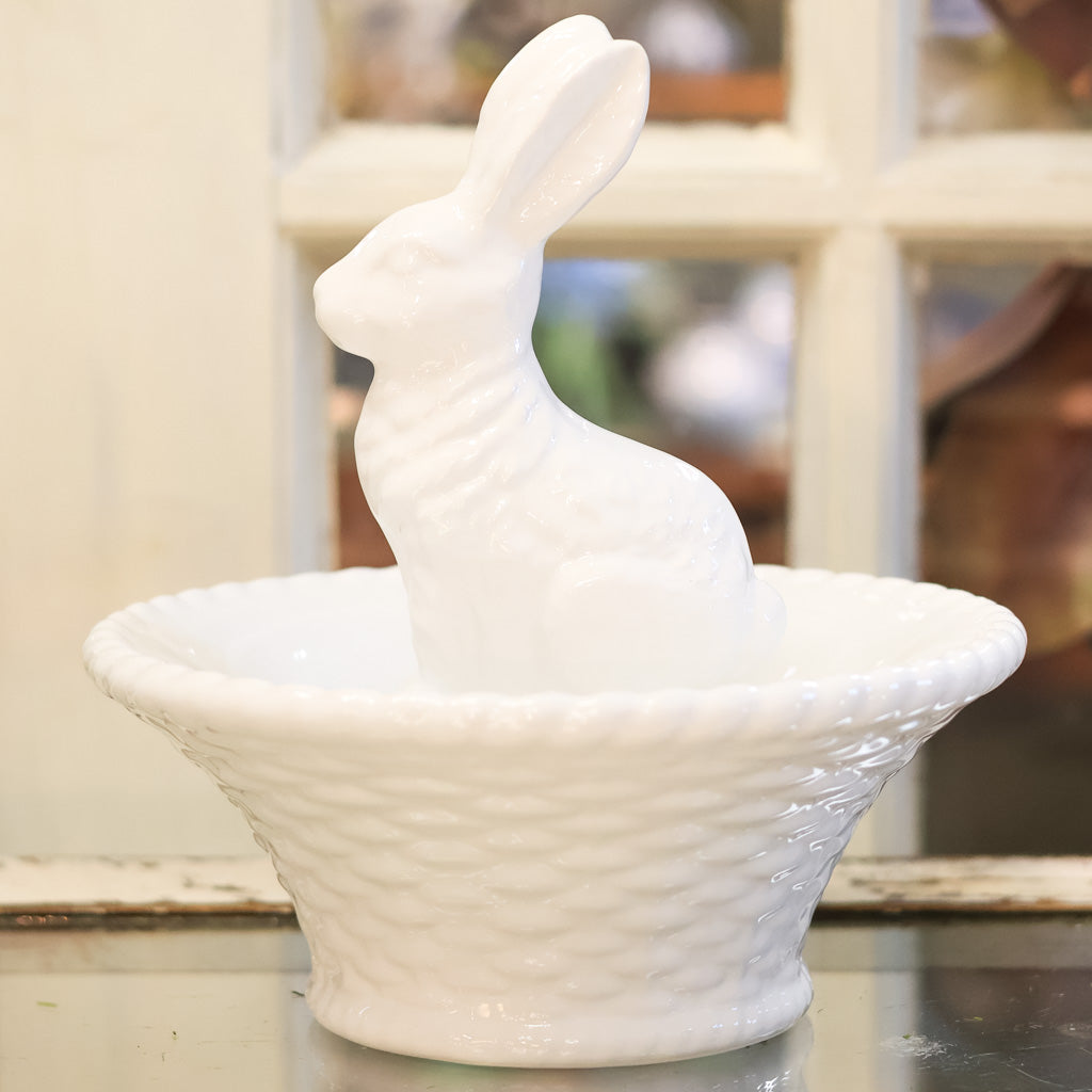 White Dolomite Bunny in Basket Bowl