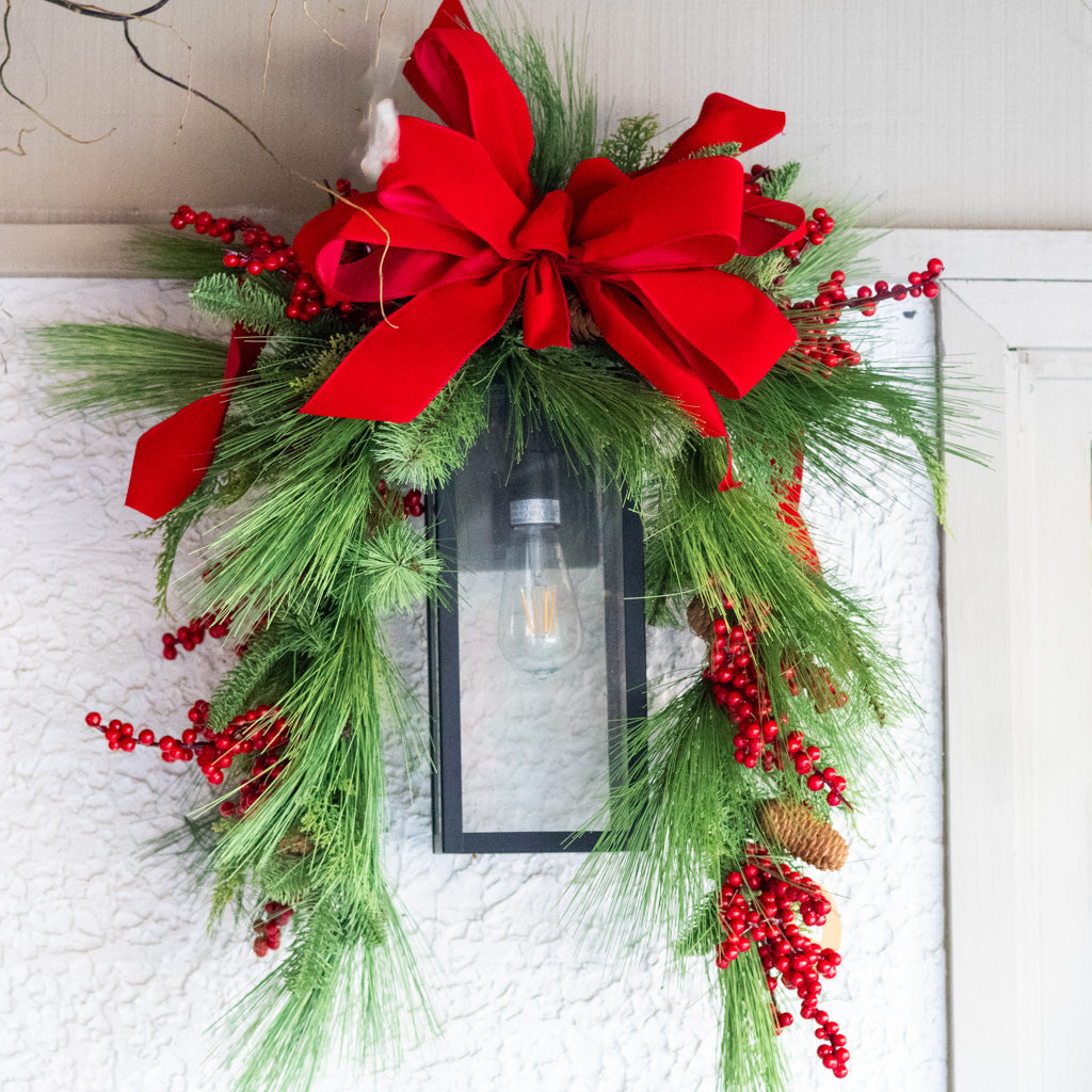 Decorated Outdoor Swag with Berries, Pine and Velvet Ribbon
