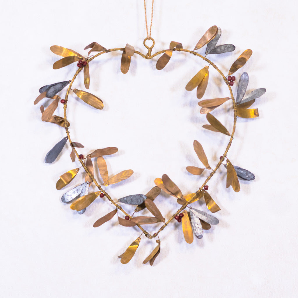 Metal and Wood Heart Wreath with Galvanized Leaves