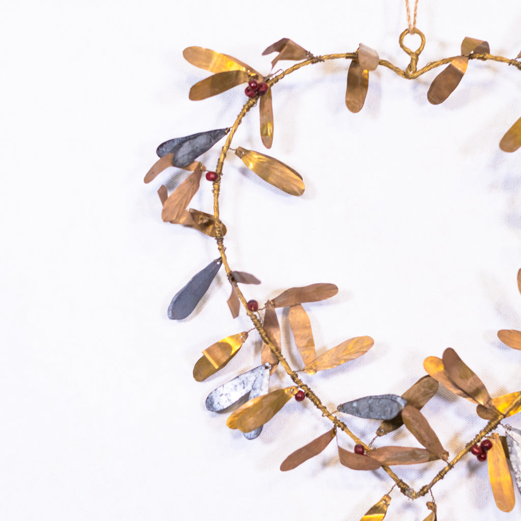 Metal and Wood Heart Wreath with Galvanized Leaves