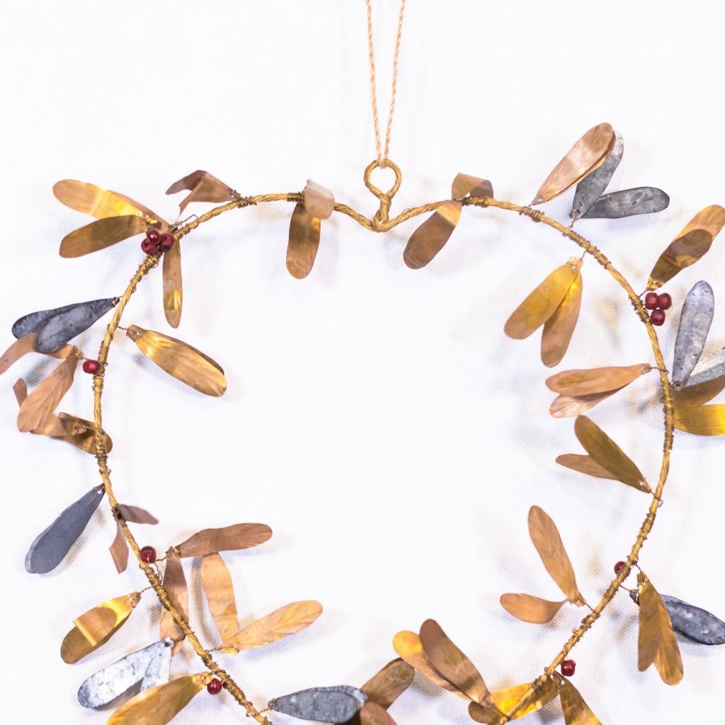 Metal and Wood Heart Wreath with Galvanized Leaves