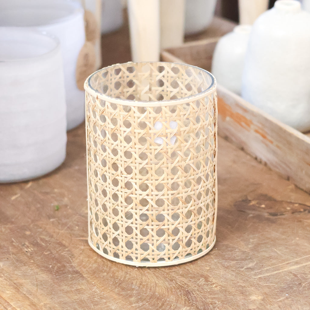 Cane Webbing and Glass Votive Tall