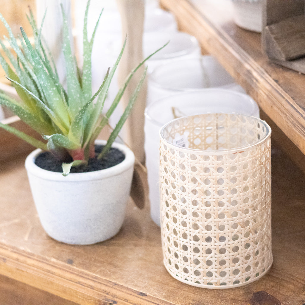 Cane Webbing and Glass Votive Tall