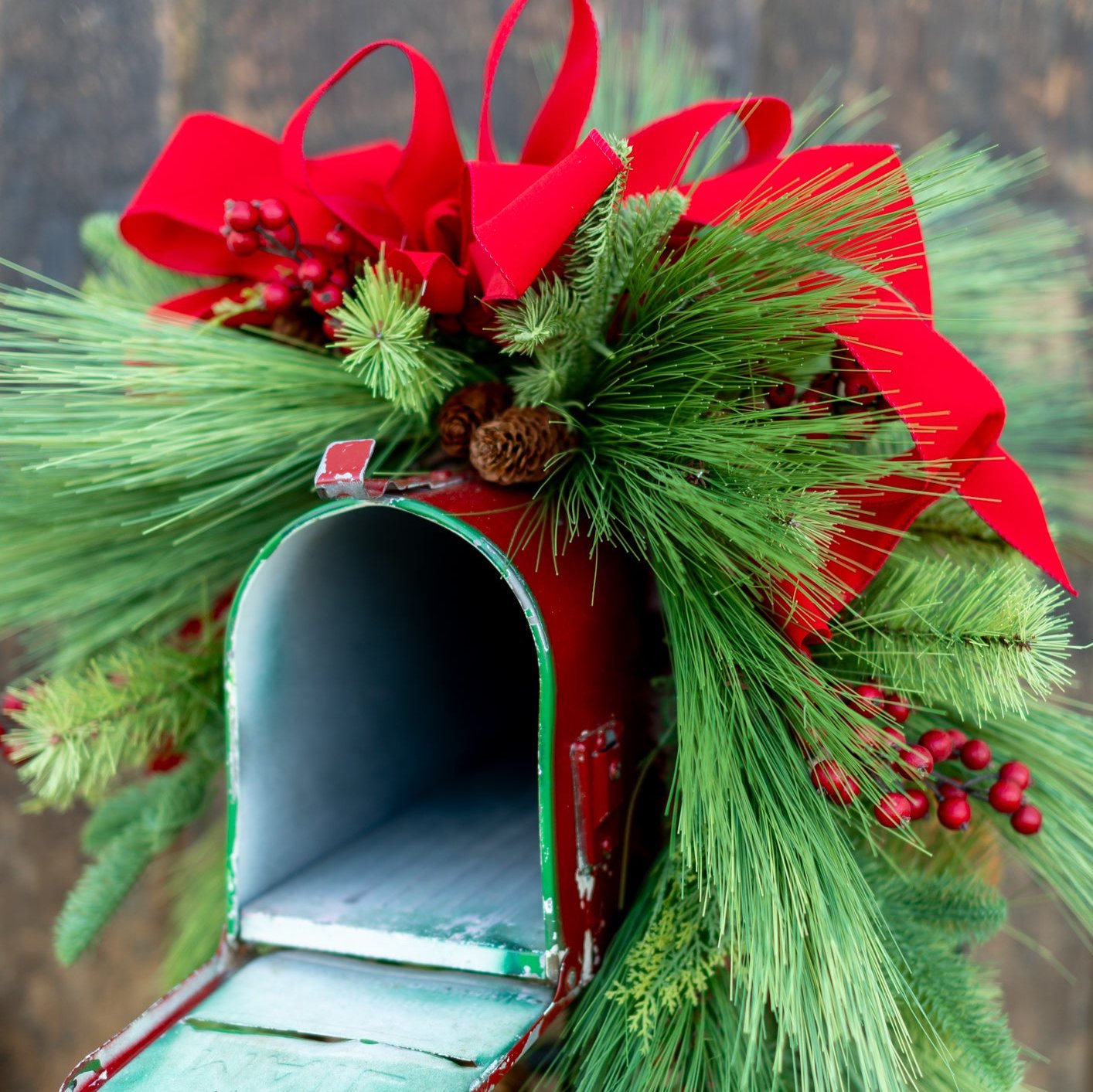 Decorated Outdoor Mailbox Swag with Berries, Pine and Velvet Ribbon