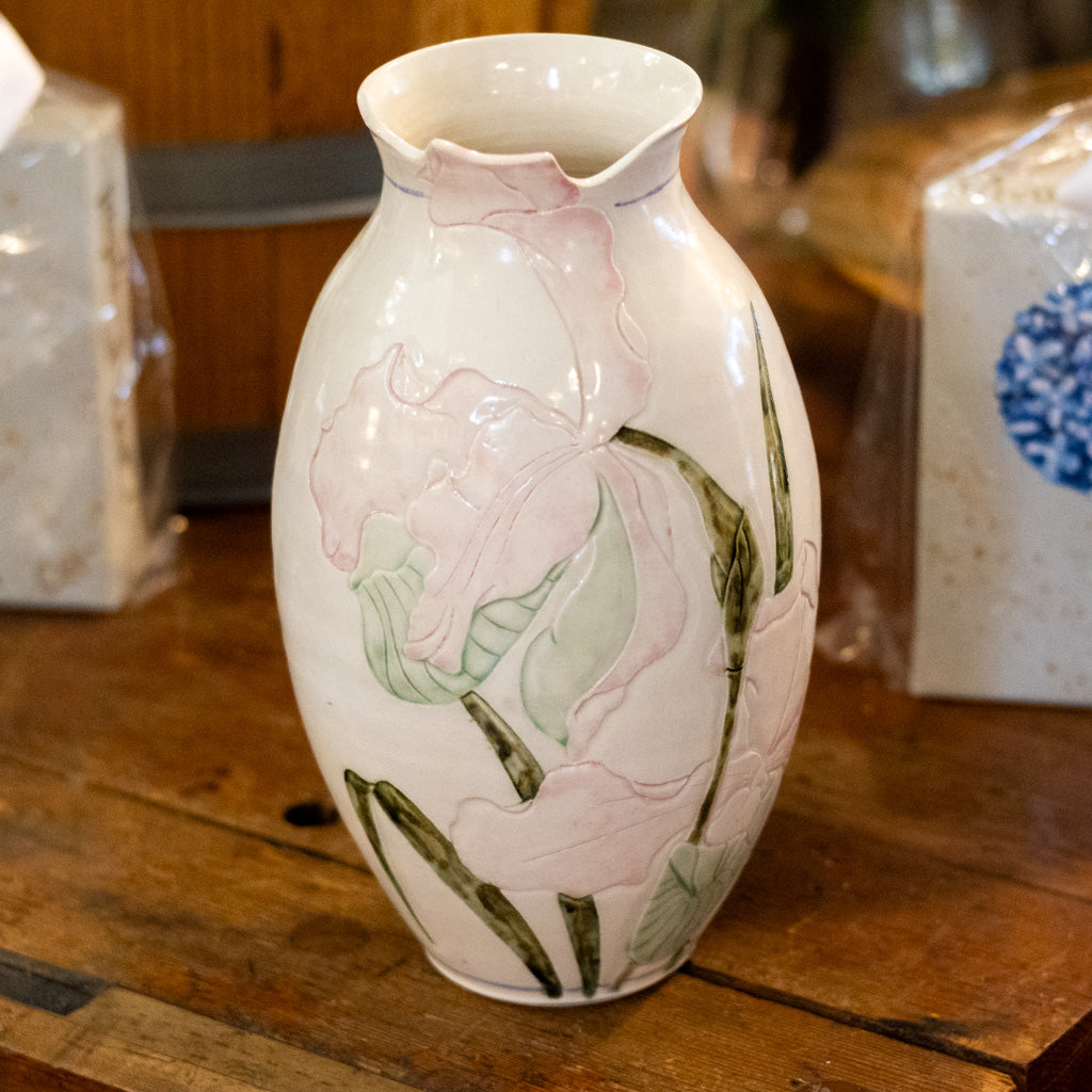 Vintage Pink Iris Handmade Painted Pottery Vase