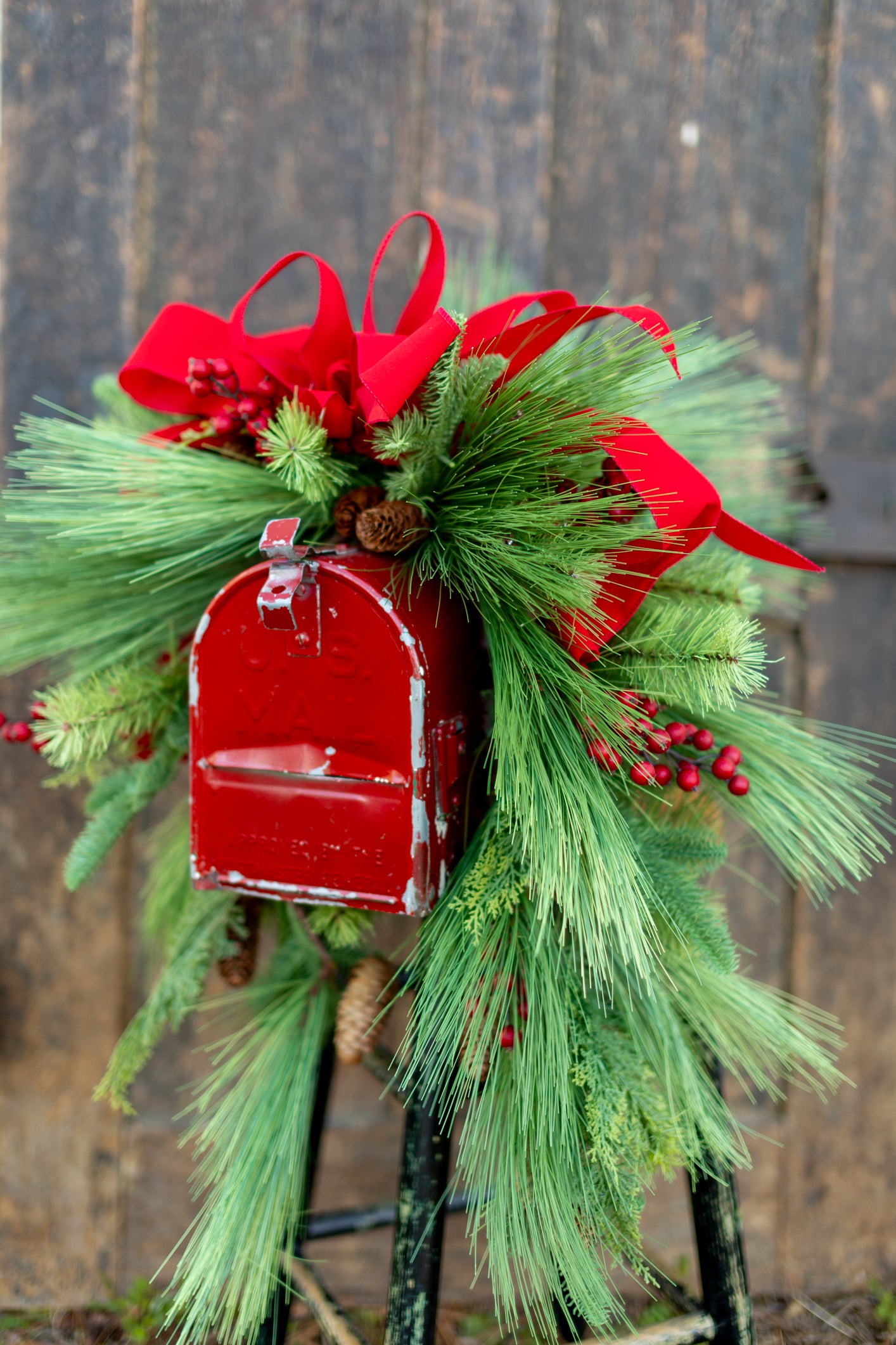 Decorated Outdoor Swag with Berries, Pine and Velvet Ribbon