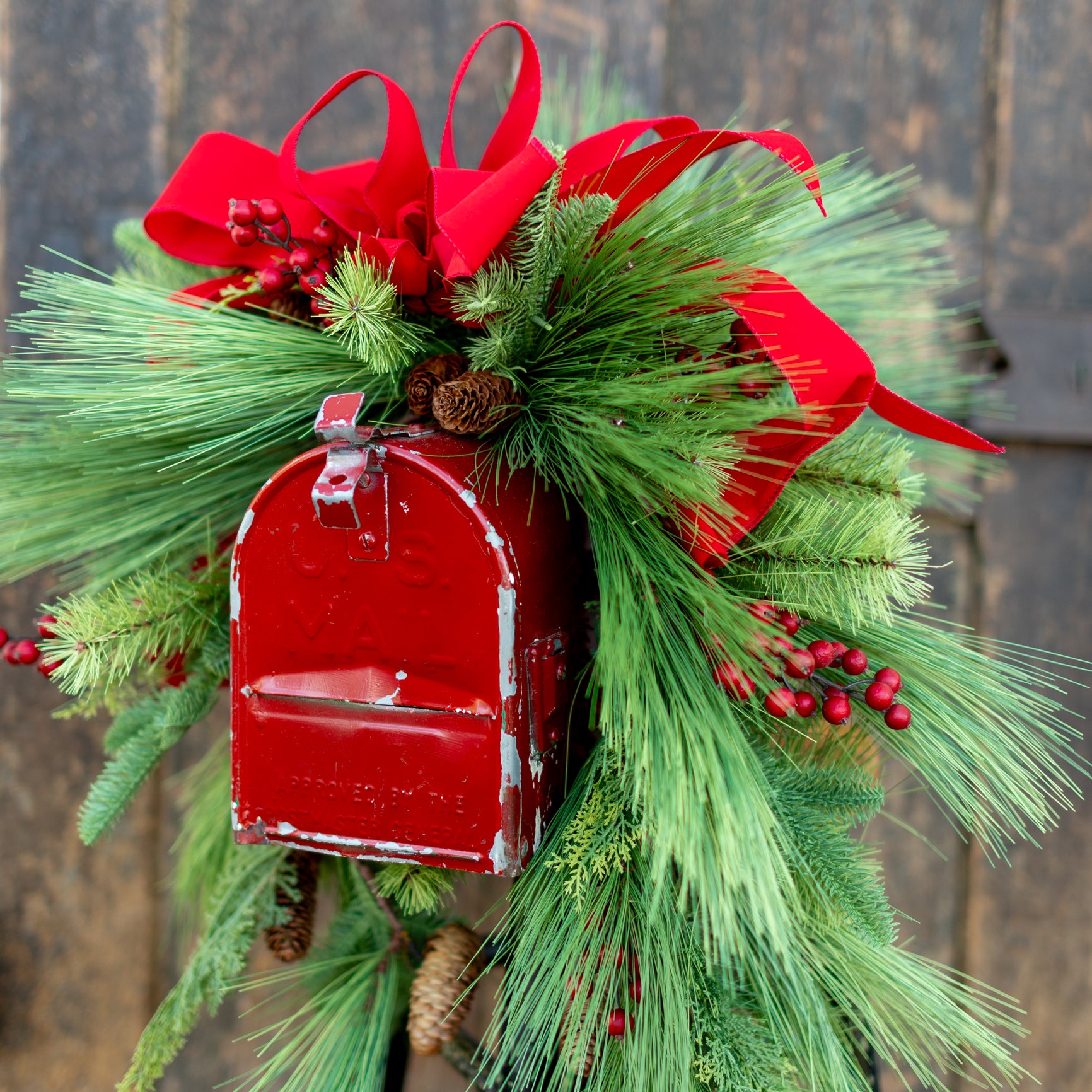 Decorated Outdoor Mailbox Swag with Berries, Pine and Velvet Ribbon