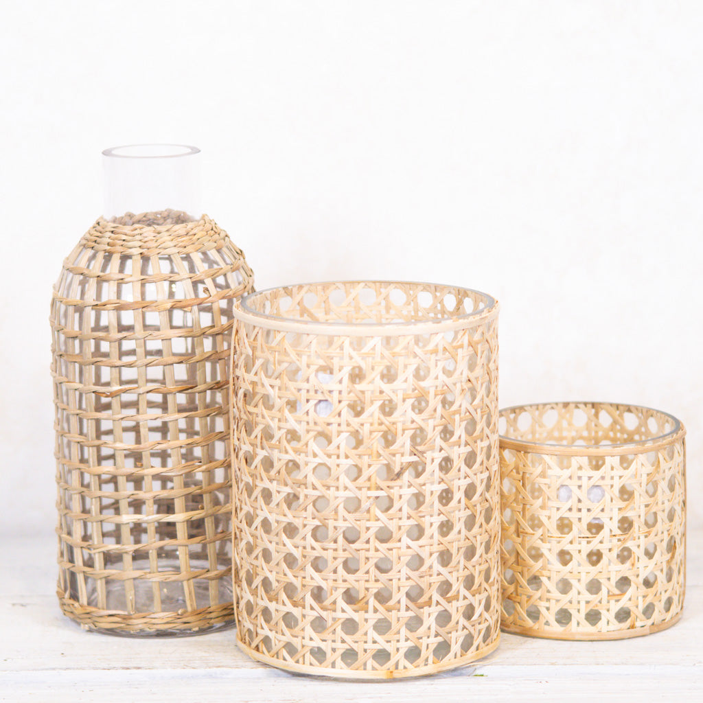 Cane Webbing and Glass Votive Tall