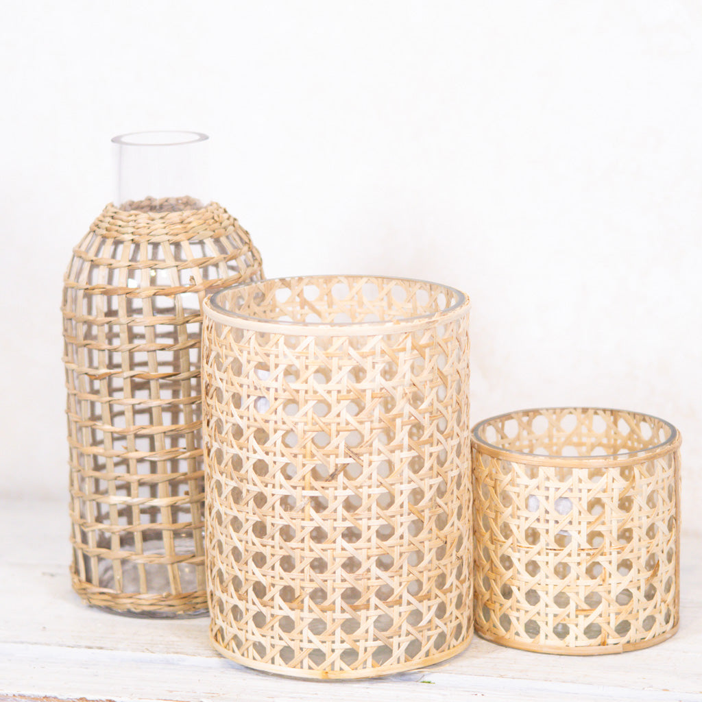 Cane Webbing and Glass Votive Tall